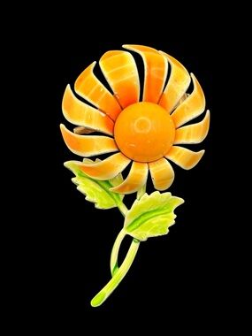 1960’s flower power orange & green enamel daisy vintage brooch pin